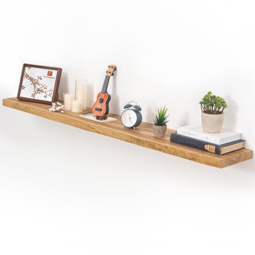 Image of Floating Shelves for Wall, 48 inchx9.3 inch Rustic Solid Live-Edge Elm Wood Wall Shelves, Heavy-Duty Floating Shelves with Invisible Brackets for Living Room, Bedroom, and Kitchen, Natural Finish