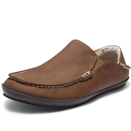 RIUGA Mens Premium Everyday Moccasin Slippers Crafted Leather Upper Plush Shearling-Style Lining Removable PU Arch Support Insole with Deep Heel Cup Non-Slip Non-Marking Rubber Sole Fold-Down Heel Indoor Outdoor