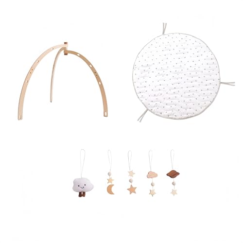 Klivex ベビージム・プレイマットジムセット木製 プレイジム 新生児 0ヶ月〜 早期教育 ベビー用品 木製 あんよバタバタ うつ伏せ ねんね期 ハイハイ期 知育玩具 人気 出産祝い 女の子 男の子 (合板の三角形 + 雲のペンダント + クッション)