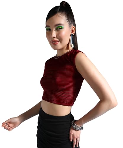 Image of POPWINGS Women Casual Self Design Wrinkle Purple Crop Top Tops for Women | Stylish Tops for Women | Trendy Tops Women