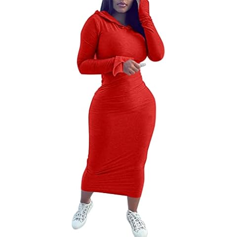 XXTAXN Women's Sexy Long Sleeve Going Out Party Hoodie Maxi Sweater Dress, Red, Medium Cover