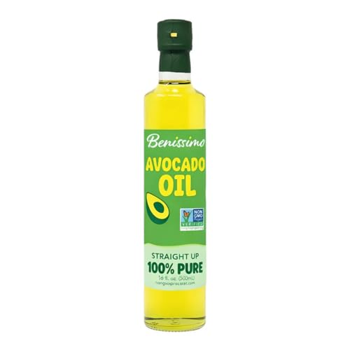 Benissimo 100% Pure Avocado Oil, 500ml Glass Bottle, Allergen-Free and Non-GMO, Premium Cold-Pressed Cooking Oil for Grilling, Sautéing, Baking, and Salad Dressings