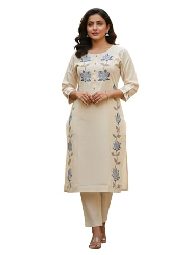 Image of Leriya Fashion Cotton Kurta Set for Women | Kurta Sets for Woman - Office Wear Kurti Set for Women Embroidery Kurti for Woman, Straight Kurtis Pant Set with 3 /4 Sleeve