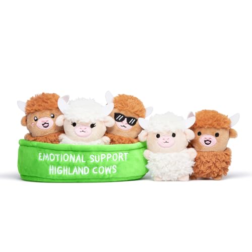 Image of Emotional Support Highland Cows by Relatable, Cuddly Stuffed Animals, Plushies, and Cute Stuff, Great Gift Ideas for Loved Ones of All Ages, Includes 5 Toys with Carrying Basket