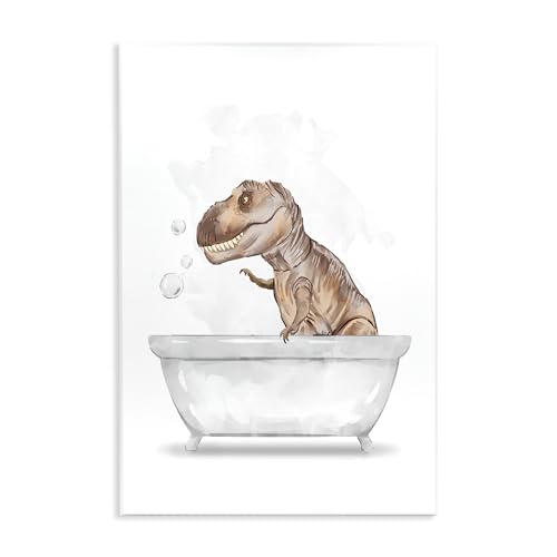 Image of T Rex Dino Bubble Bath Bathroom, 10 x 15 Inch Mounted Print on Wall Plaque