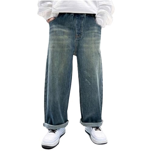 Moonker Kids Boys Straight Jeans Wide Leg Elastic Waisted Washed Cool Casual Vintage Denim Pants Trendy Baggy