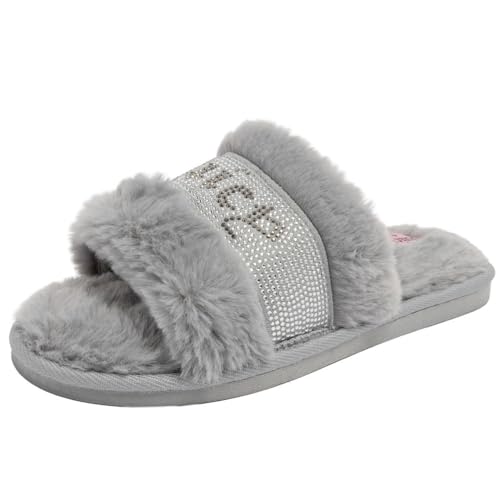 Juicy Couture Women’s Fuzzy House Slippers Open Toe Slide Sandals Soft Plush Slip-On Indoor Bedroom Comfort Shoes, Craven - Grey Large