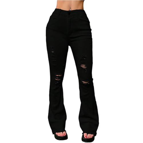 Black Flare Jeans for Women Elastic Mid Rise Ripped Jeans with Pockets Denim Slim Fit Raw Hem Bell Bottom Butt Lifting Jean Distressed Colombian Bootcut Skinny Jean Sexy Crossover High Waisted Pants