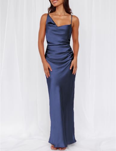 Image of Formal Satin Silk Spaghetti Strap Maxi Dresses for Women Wedding Guest