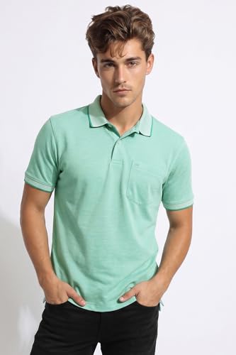 Image of Peter England Men's Premium Regular Fit Half Sleeve Polo T-Shirt with Pocket | Cotton Rich | Birds Eye Interlock Weave