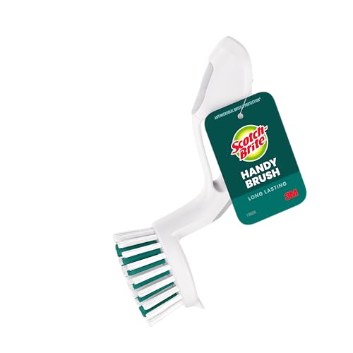 Scotch-Brite Handy Brush Small and Durable Dish Brush with Handle for Scrubbing Hard-to-Reach Cookware Tubs Sinks Car Tires and More without Scratching Antimicrobial and Rinses Clean