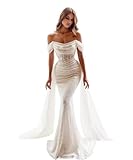 Sparkly Sequins Wedding Dresses for Women Off Shoulder Ivory Mermaid Wedding Dress with Detachable Train Long Formal Evening Gown Backless Size 0