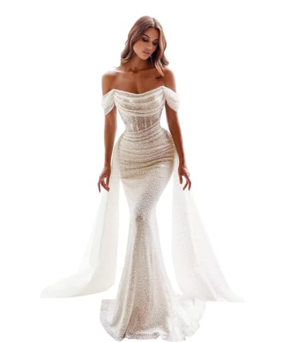 Sparkly Sequins Wedding Dresses for Women Off Shoulder Ivory Mermaid Wedding Dress with Detachable Train Long Formal Evening Gown Backless Size 0