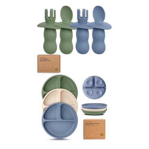 Image of Keababies 4-Pack Silicone Baby Spoons and Forks Set and Suction Plates for Baby, Toddler - Baby Spoon Self Feeding, BLW Baby Utensils - 3-Pack 100% Silicone Divided Baby Plates with Suction