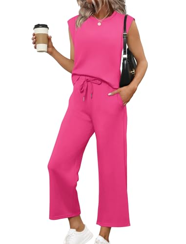 Image of SAMPEEL Two Piece Sets for Women Casual Travel Vacation Outfits Summer Wide Leg Crop Pants Lounge Sets