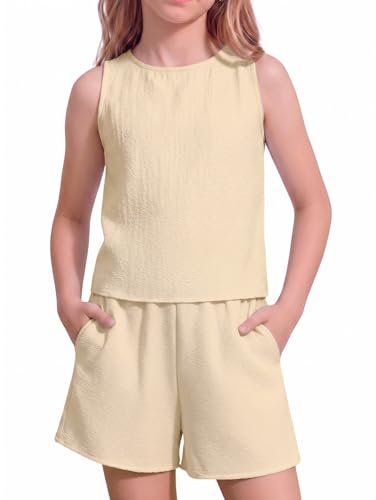 Image of Arshiner Girls Summer 2 Piece Outfit Sleeveless Top and Paperbag Waist Shorts with Pockets Kids Shorts Set Ages 5-13