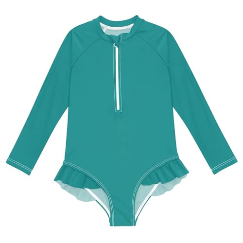 CHIFIGNO Long Sleeve One Piece Swimsuit Girls Dark Cyan Bathing Suit Girls 3T