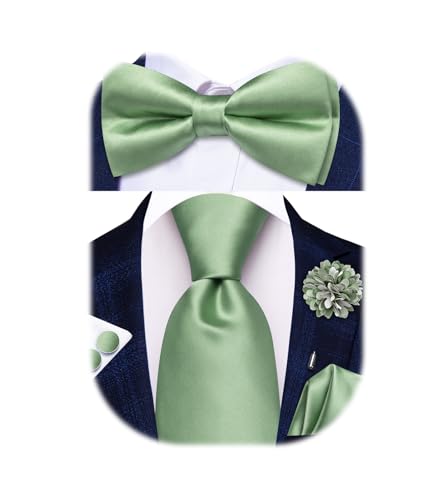 Image of Hi-Tie 5Pcs Mens Solid Color Silk Tie Satin Pretied Bowtie Lapel Pin for Men Handkerchief Cufflink Wedding Gift Box
