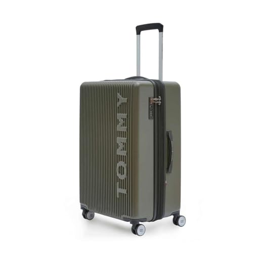 Image of Tommy Hilfiger Medium Hard Luggage Empire X - Olive | Check-in Trolley Bag with TSA Lock | 360 Spinner Double Wheels | Telescopic Handle | Polycarbonate Shell Suitcase | 68cm | 63L Capacity