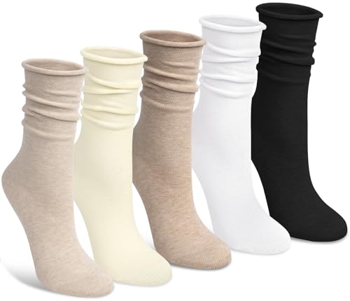 Image of Chalier 5 Pairs Slouchy Socks for Women, Soft Cotton Crew Socks | Breathable Blend, Elastic Cuff, Cute Roll Top, Calf Scrunch Tube, Easy Pull On, Flexible Stretch Motion, Casual Daily Wear