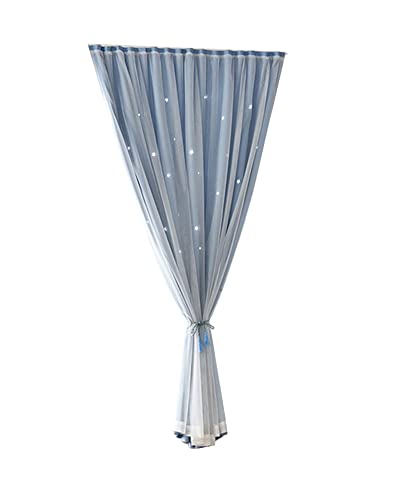 1 Pieza Cortina Nórdica Elegantes Cortinas de Ventana la impresión de Estrellas Huecas Brillantes Doble Capa con visillos de Tul para la decoración del Dormitorio Azul
