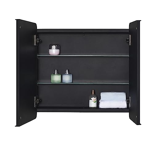 Image of IDYLLOR Black Bathroom Medicine Cabinet with Round Corner Framed Door and Beveled Edge Mirror 22 x 20 inch, Recessed or Surface Mount, with Adjustable Glass Shelves