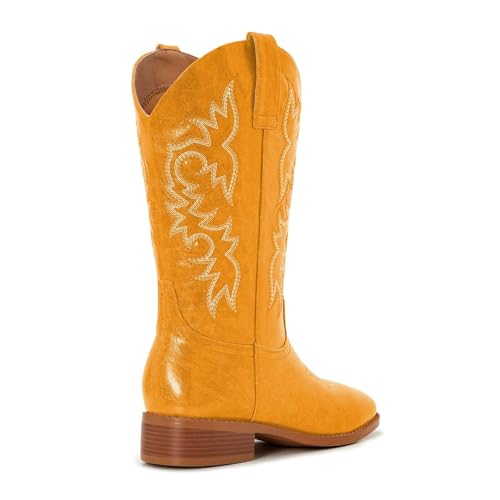 Image of Cowgirl Boots Square Toe Cowboy Boots For Women Ladies Mid Calf Low Heel Flat