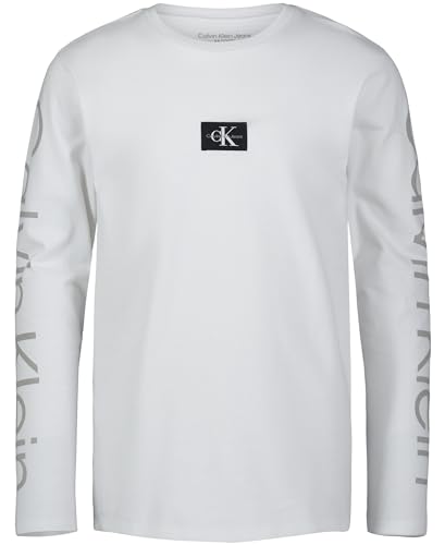 Calvin Klein Boys' Long Sleeve Crew Neck T-Shirt, Soft, Comfortable, Relaxed Fit, CK Sleeve Print White, 10-12
