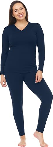 Image of Thermajane Long Johns V Neck Thermal Underwear for Women Fleece Lined Base Layer Pajama Set Cold Weather (Navy, Medium)