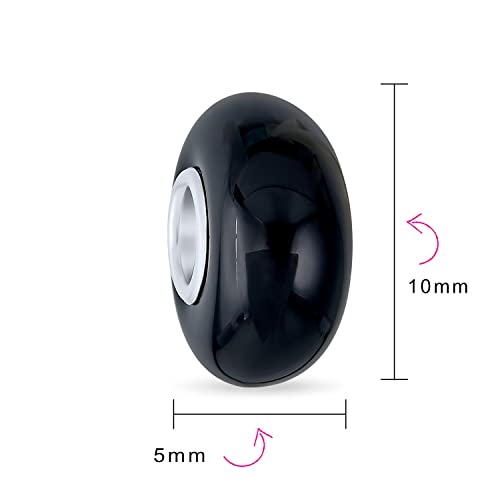 Solid Black Round Murano Glass .925 Sterling Silver Core Spacer Bead Fits European Charm Bracelet For Women For Teen