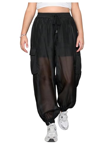 Floerns Women's Plus Size High Waist See Through Joggers Drawstring Casual Pants with Pocket