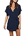 AIMCOO Summer Short Sleeve V Neck Wrap Rompers Elastic Waist Tie Solid Jumpsuit for Women Casual Romper Shorts with Pockets
