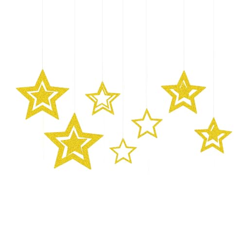Lot de 7 étoiles décoratives de Noël - Étoiles dorées - Pendentif en papier à paillettes - Décoration à suspendre pour sapin de Noël, l'Avent, fenêtre, hiver