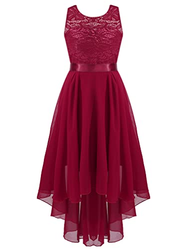 renvena Kids Girls Chiffon Sleeveless Wedding Bridesmaid Dress Floral Lace High Low Hem Flower Girl Dress