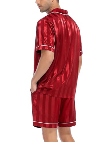 Image of SWOMOG Men Satin Silk Pajamas Sets Short Sleeve Sleepwear Button-Down PJs Sets Two-Pieces Loungewear with Pockets