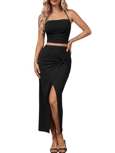 Trendy Queen Womens Ruched Halter Crop Top and Bodycon Long Skirt 2 Piece Set for Going Out Summer Vacation Outfit 2026 Black M