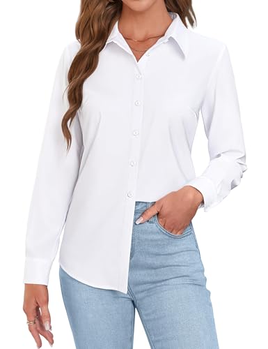 Rapbin Bluse Damen Langarm Blusenshirt Elegant Button-Down Shirts Hemdbluse Lockere Oberteile Casual Blusen Business Outfit Weiß M