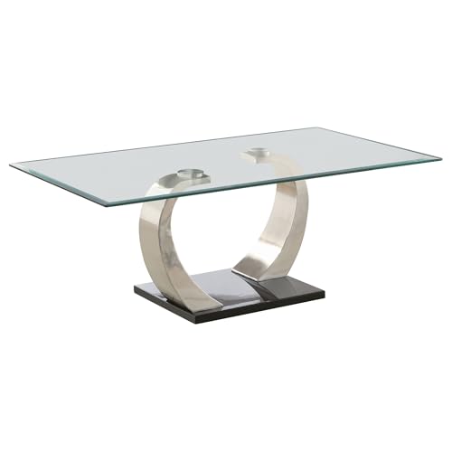 Coaster Home Furnishings - Pruitt - Wood and Glass - Rectangular Coffee Table, Glass Top, Dual Curved Bases, Platform Base, Contemporary Style - Living Room - 50-Inch - Satin Silver and Black - 701238