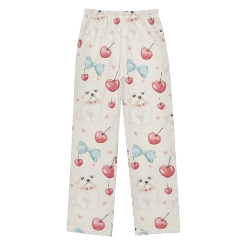 White Dogs Cherry Heart Pajama Pants Long Sleep Pants Soft Pajama Bottoms With Pockets