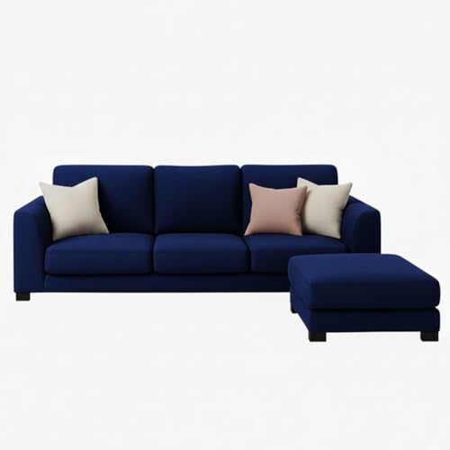 Image of FURNY Revona 4 Seater L Shape Sofa Set with Movable Ottoman | Flexible Left or Right Layout | Plush Velvet Fabric (Dark Blue) | Perfect for Living Room, Guest Room & Office