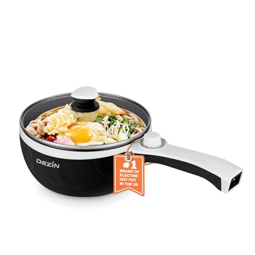 Dezin Hot Pot Electric Upgraded, Non-Stick Sauté Pan, Rapid Noodles Electric Pot, 1.5L Mini Portable Hot Pot for Steak, Egg, Fried Rice, Ramen, Oatmeal, Soup with Power Adjustment(Egg Rack Included)