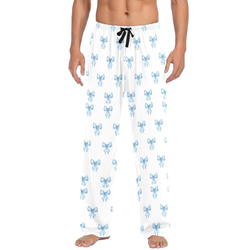 Men's Watercolor Blue Bows Pajama Pants with Pockets - Straight Fit Cotton Sleep Bottoms for Lounge & Nightwear#4812