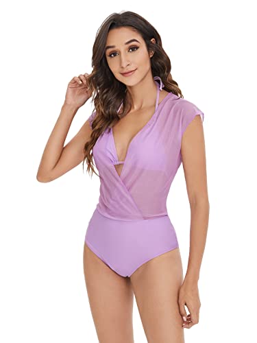 Sweatyrocks Women's Contrast Mesh Triangle One Piece Swimsuit Solid Purple L #TOP4