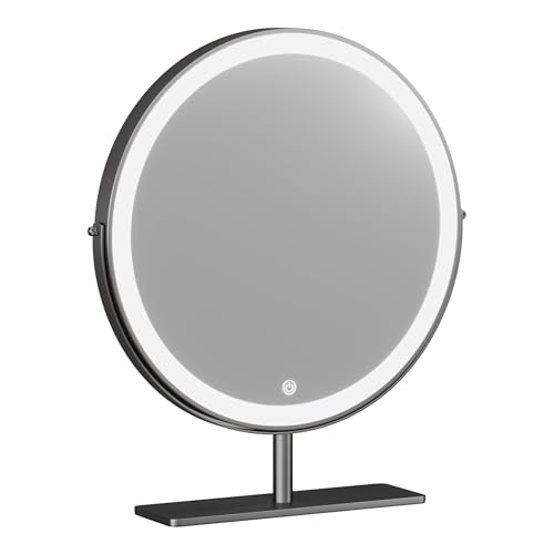 KSIQMQU Vanity Mirror Makeup Mirror with Stand,15.8" Round Vanity Mirror, LED Lights, Smart Touch 360°Rotation, Dimmable White (Black)
