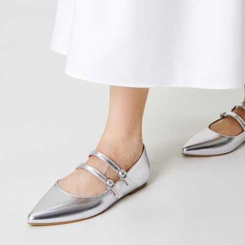 Image of Trary Flats for Women Mary Jane Shoes Women Closed Pointed Toe Ballet Flats Comfortable Slip on Dressy Adjustable Strap Cute Walking Office PU Leather Mary Janes Flat Shoes
