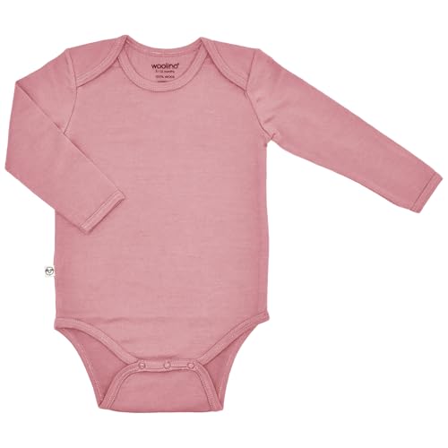 Woolino 100% Superfine Merino Wool Baby Bodysuit - Long Sleeve Onesies for Boy and Girl - 12-18 Months - Blush
