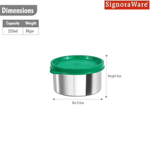 Image of SignoraWare Ample Stainless Steel Container | Airtight & Leakproof | Dishwasher Safe | Durable Storage Solution | Ideal for Kids, Office, School, Picnic & Outdoor Use (225ml | Green)