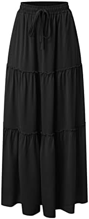 Midi Skirts for Women UK Elasticated Waist - Midi Skirts for Women UK A Line - Knee Length Skirt Tiered Maxi Skirt Cotton Ladies SummerSkirts Long Summer Solid Colorskirt Vacation Outfits