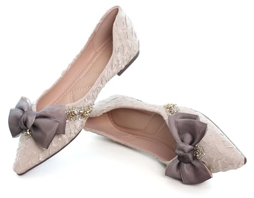 SAILING LU Pointed Toe Flats Shoes Bow Ballet Flats for Women Crystals Wedding Dress Shoes Comfort Light Weight Loafers Apricot Size 92