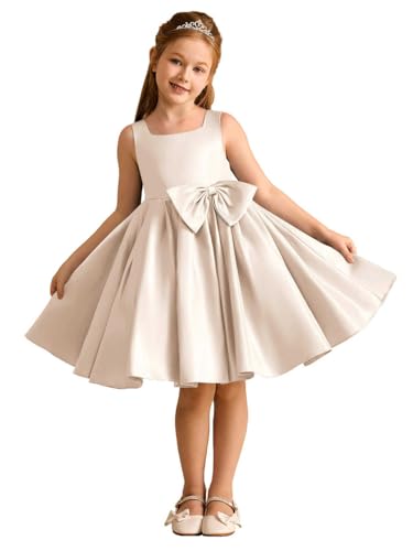 A-Line Satin Sleeveless Flower Girl Dress Scooped Back Junior Bridesmaid Dress Square Neck Knee Length with Bows